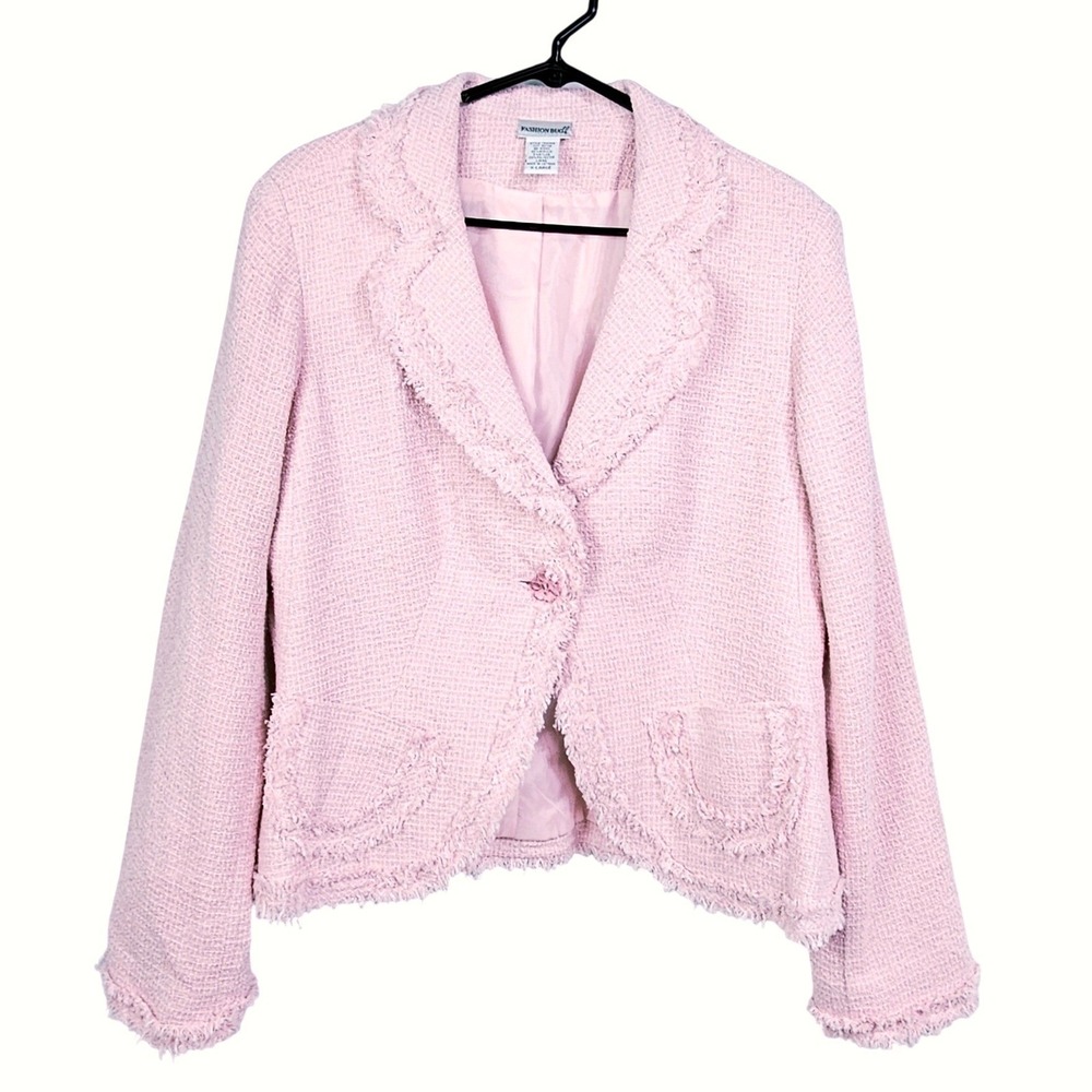 Pastel Pink Fringed Tweed Single Button Blazer XL Coquette Barbiecore Preppy Vtg